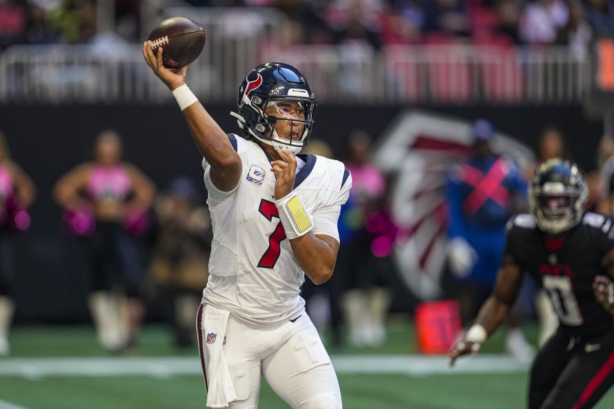 Oct 8, 2023; Atlanta, Georgia, USA; Houston Texans quarterback C.J. Stroud (7) passes against the Atlanta Falcons during the first half at Mercedes-Benz Stadium. Mandatory Credit: Dale Zanine-USA TODAY Sports